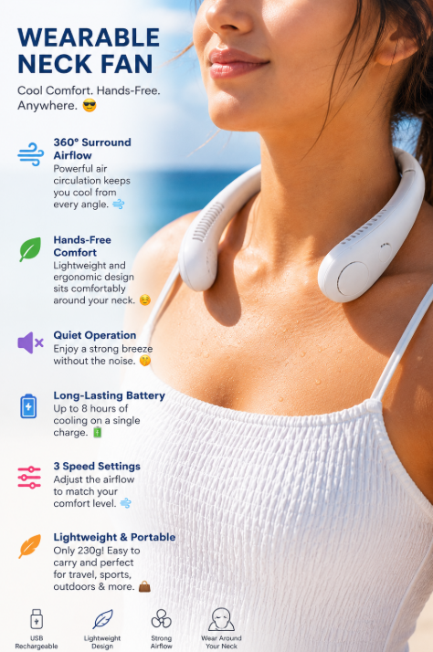 Arvelo's Portable Neck Fan for Men & Women | Rechargeable Bladeless Hands-Free Cooling Fan for Summer, Travel, Work & Outdoor Activities