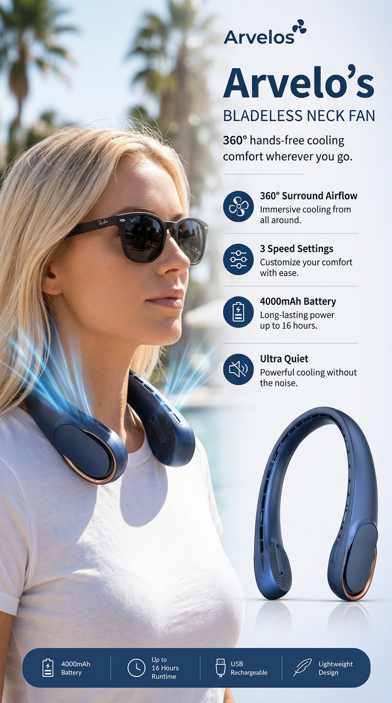 Arvelo's Portable Neck Fan Rechargeable 4000m AH Wearable Neck Fan, Personal Cooling, Hands Free Fan with 3 speeds for Travel